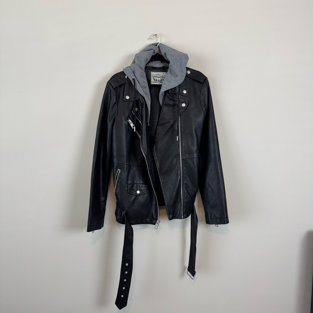 Levi’s Hoodie Faux Leather Moto Oversized Belted Jacket - Picture 4 of 12